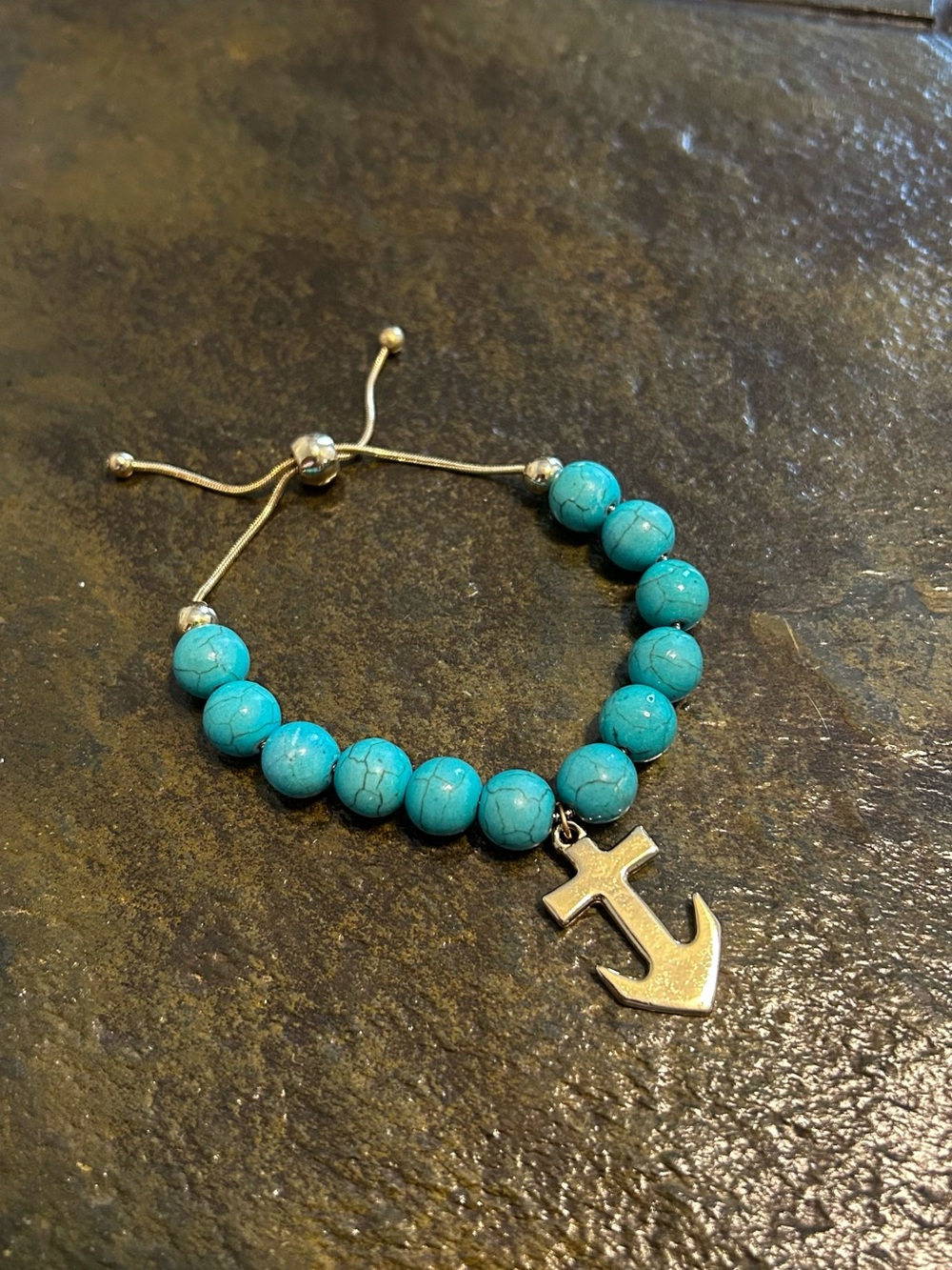 Turquoise Beaded Bracelet with Adjustable Anchor Charm - Adjustable